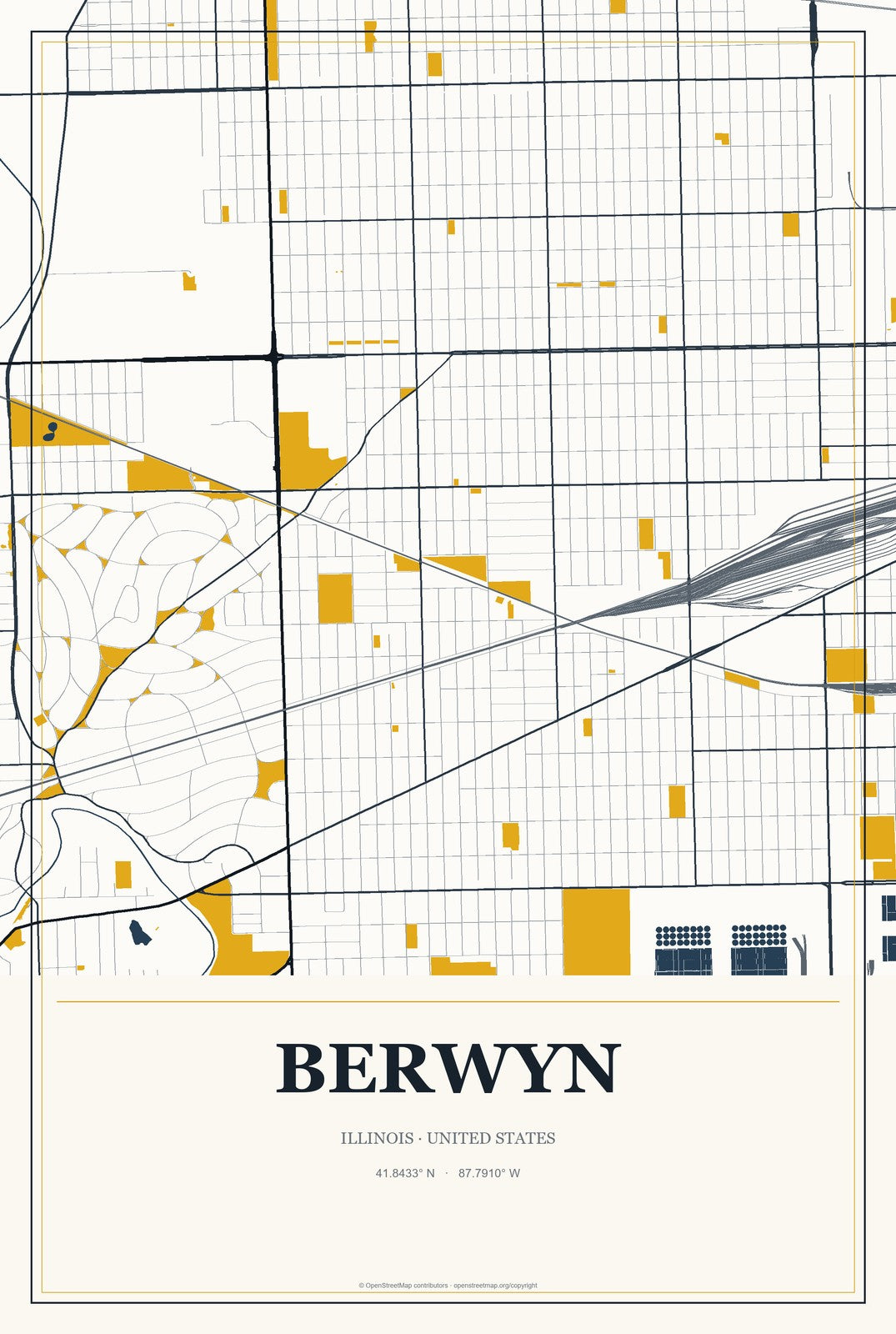 Berwyn, Illinois City Map Aluminum Sign in Citrine Modern style