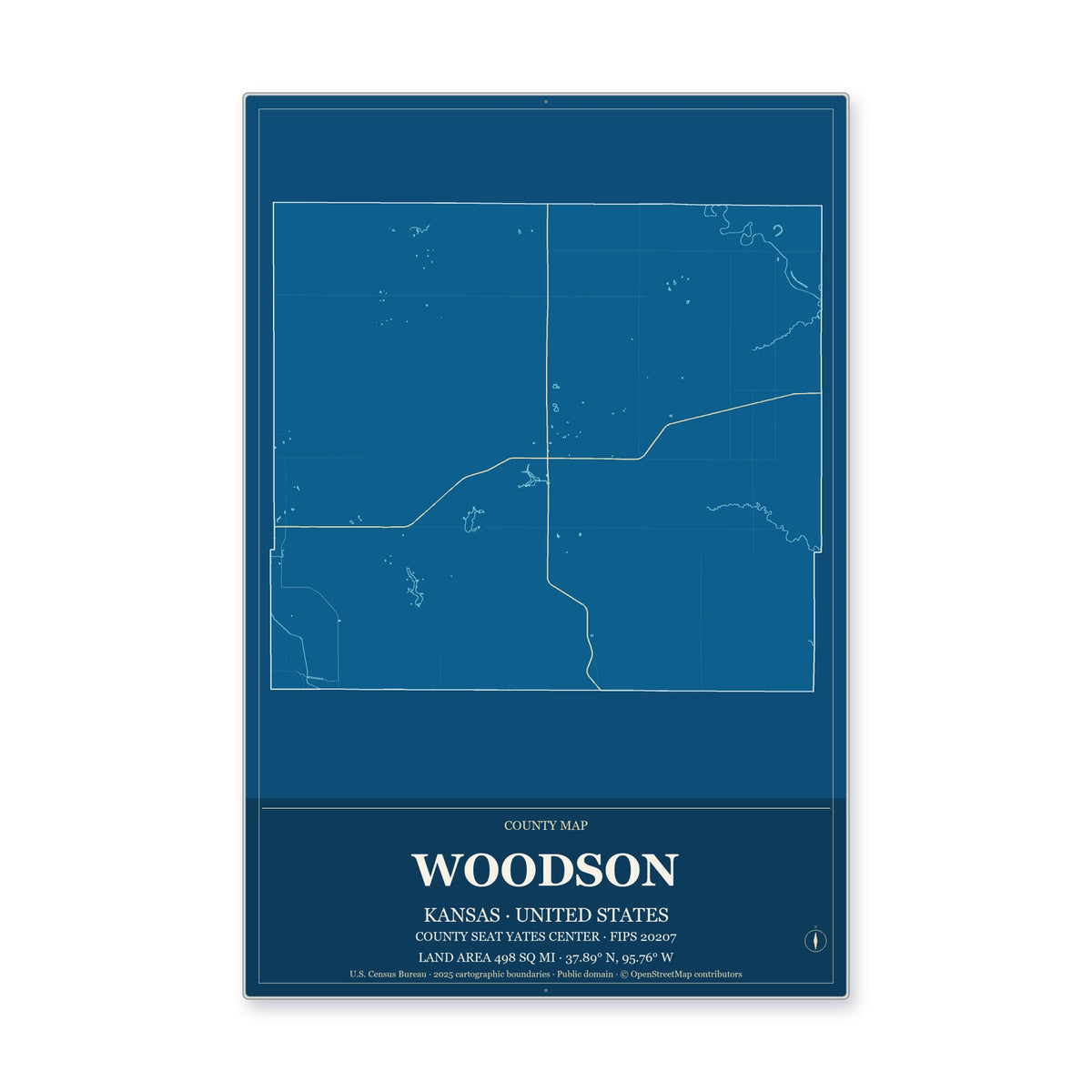 Woodson County, Kansas Map Aluminum Sign in Harbor Cobalt style