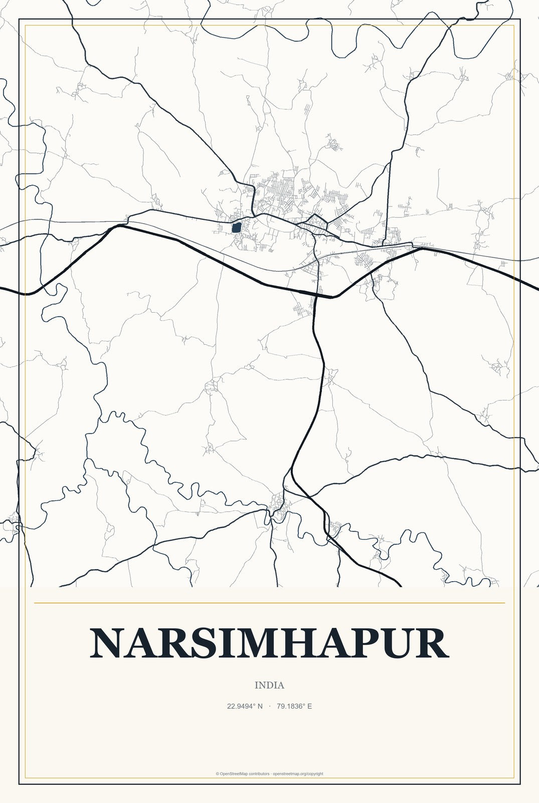Narsimhapur, India City Map Aluminum Sign in Citrine Modern style