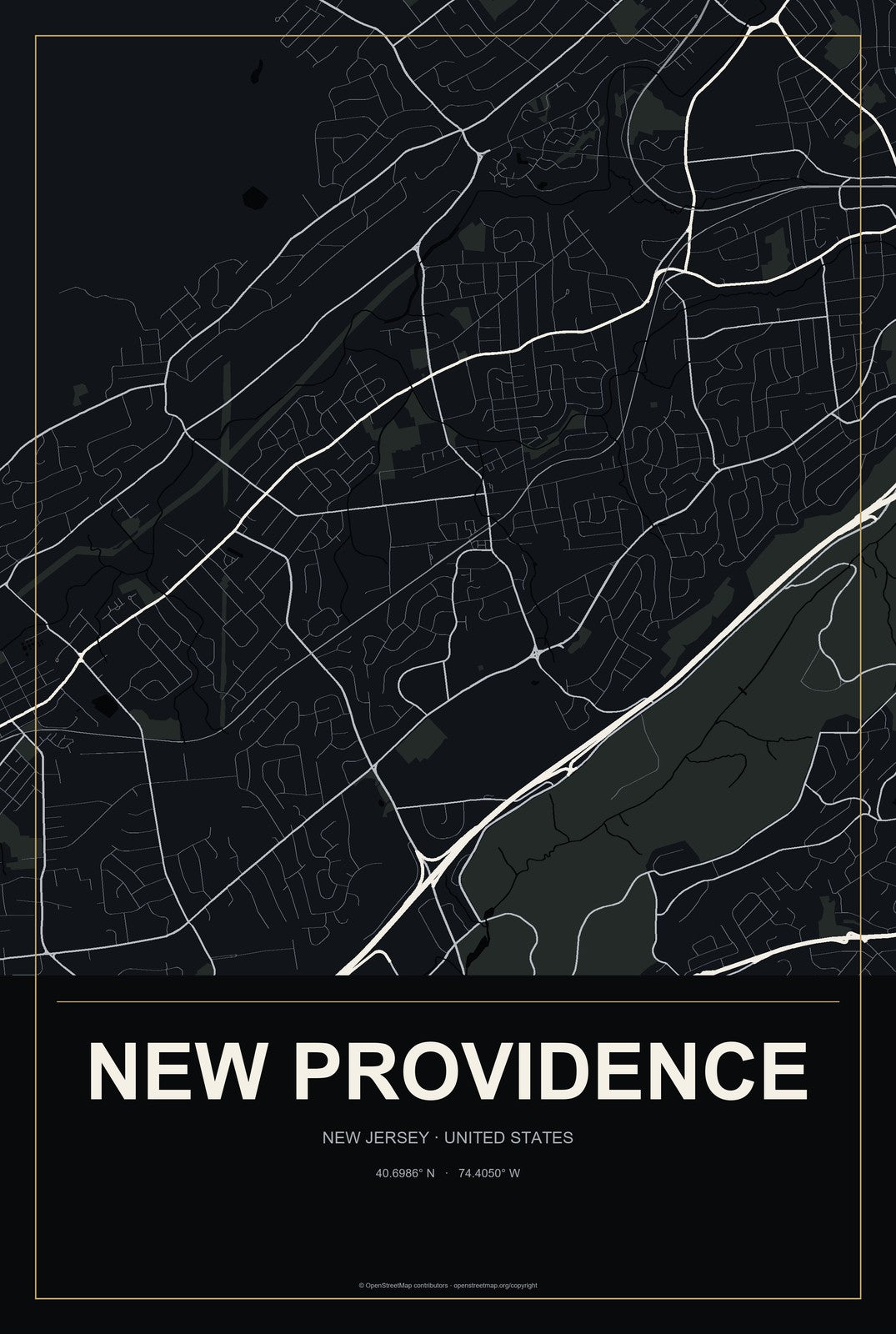 New Providence, New Jersey City Map Aluminum Sign in Metropolitan Noir style
