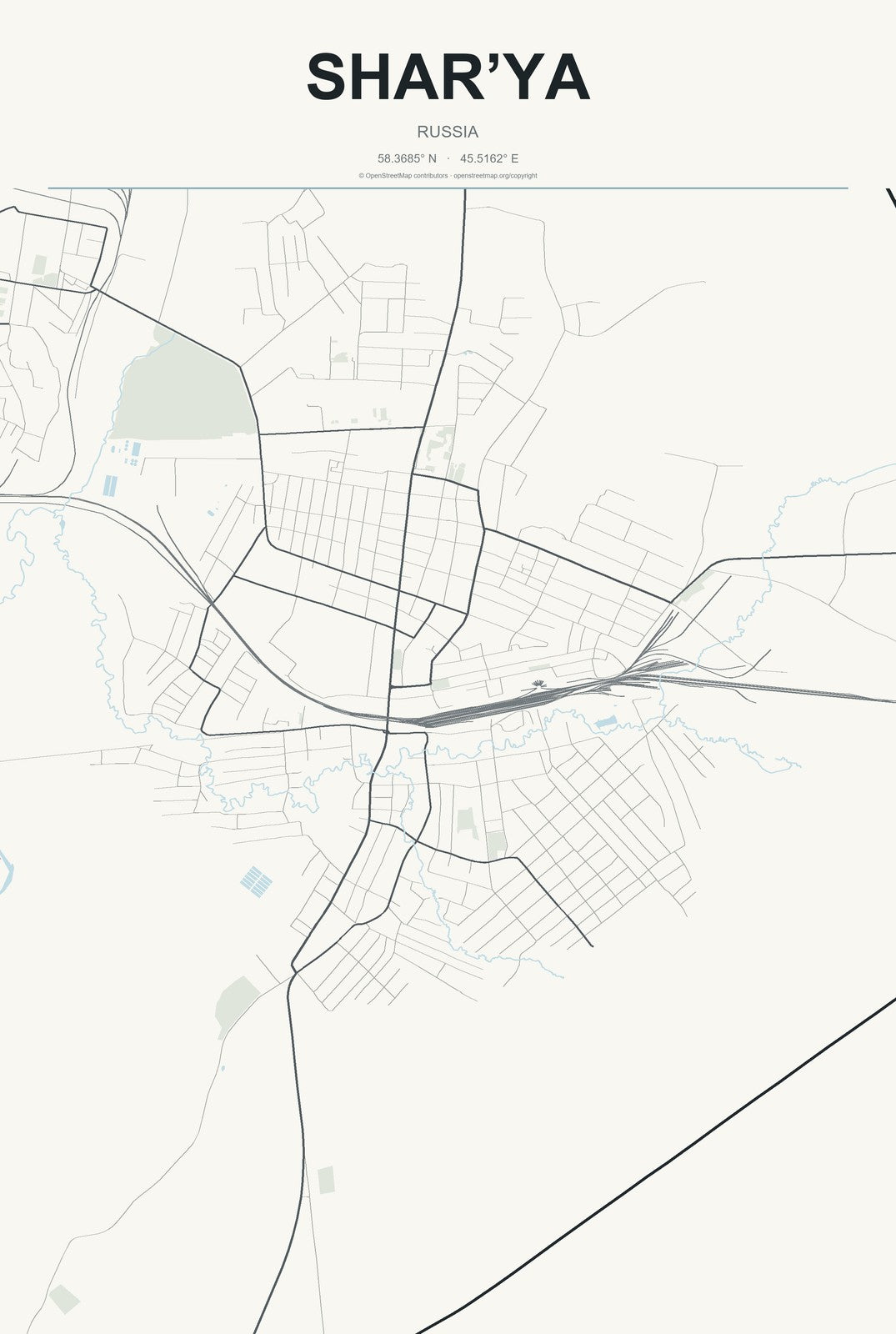 Shar’ya, Russia City Map Aluminum Sign in Headline Atlas style