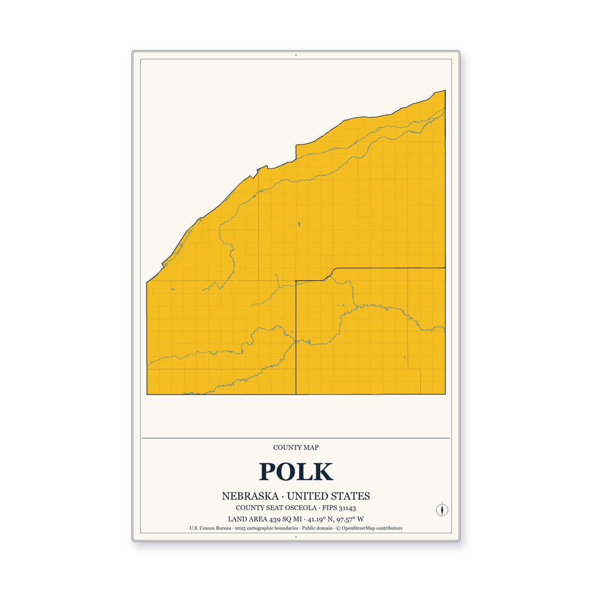 Polk County, Nebraska Map Aluminum Sign in Citrine Modern style
