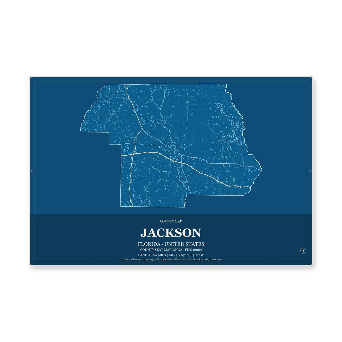 Jackson County, Florida Map Aluminum Sign in Harbor Cobalt style
