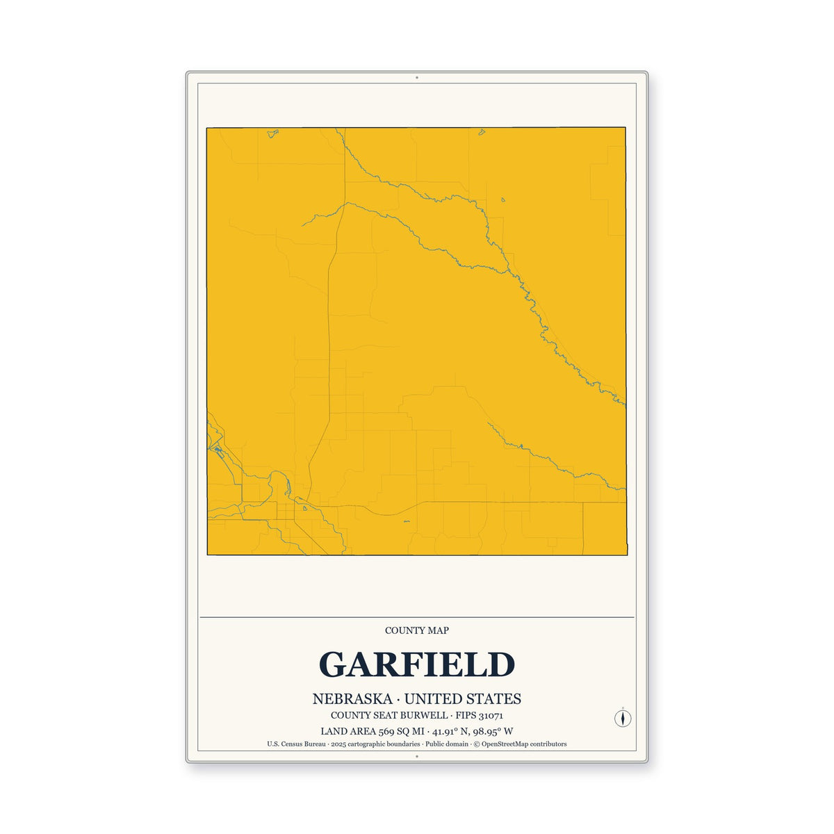 Garfield County, Nebraska Map Aluminum Sign in Citrine Modern style