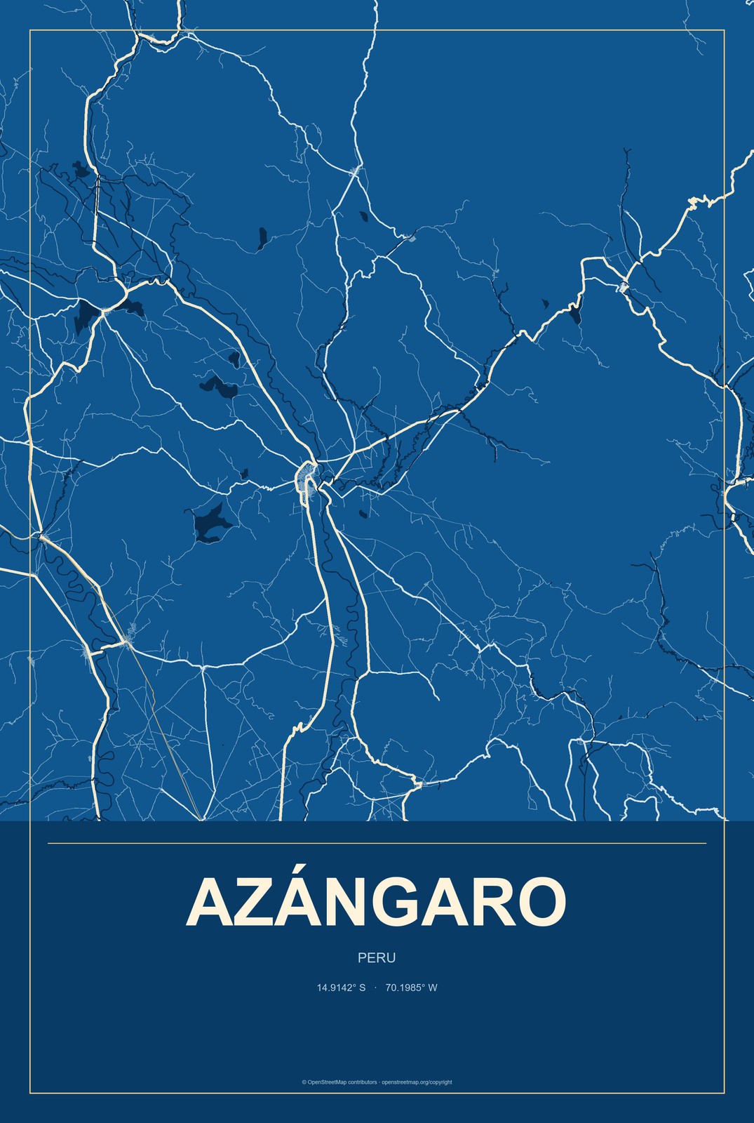 Azángaro, Peru City Map Aluminum Sign in Harbor Cobalt style