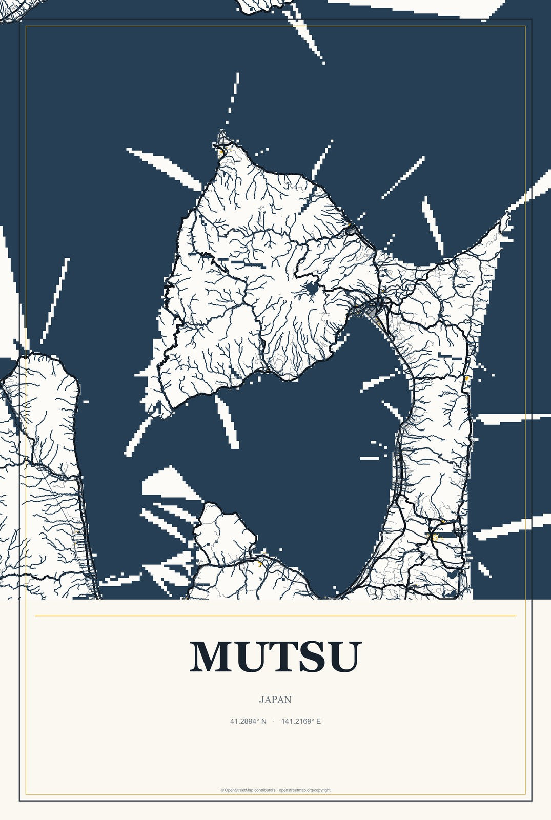 Mutsu, Japan City Map Aluminum Sign in Citrine Modern style