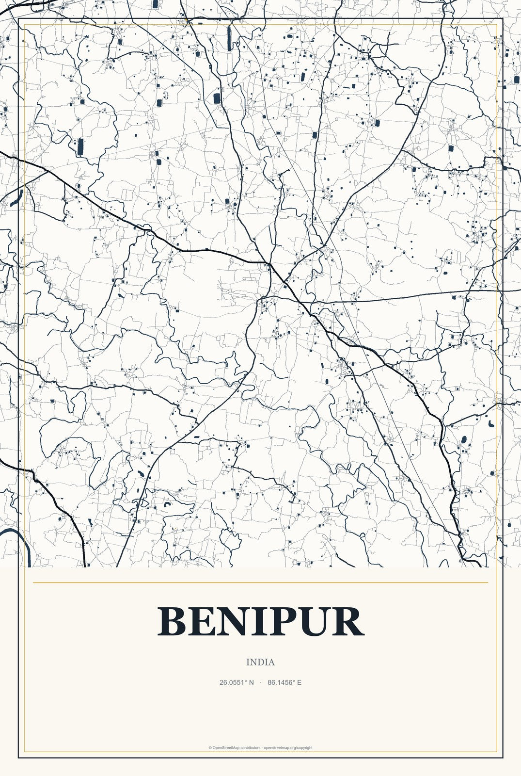 Benipur, India City Map Aluminum Sign in Citrine Modern style