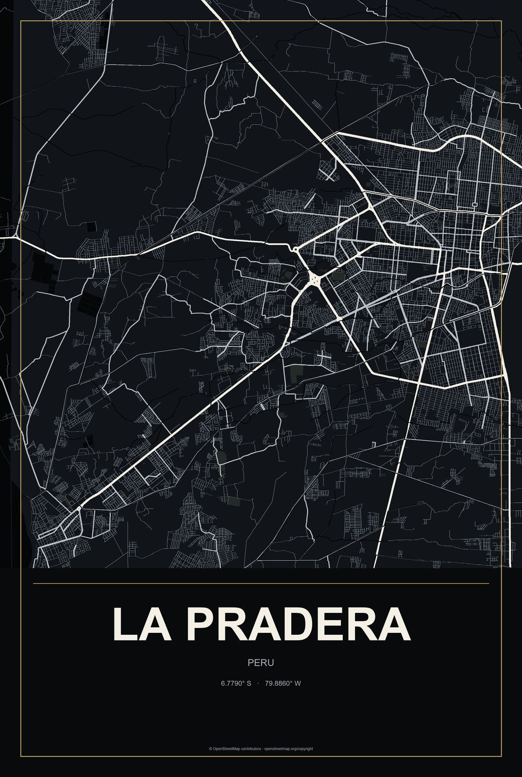 La Pradera, Peru City Map Aluminum Sign in Metropolitan Noir style