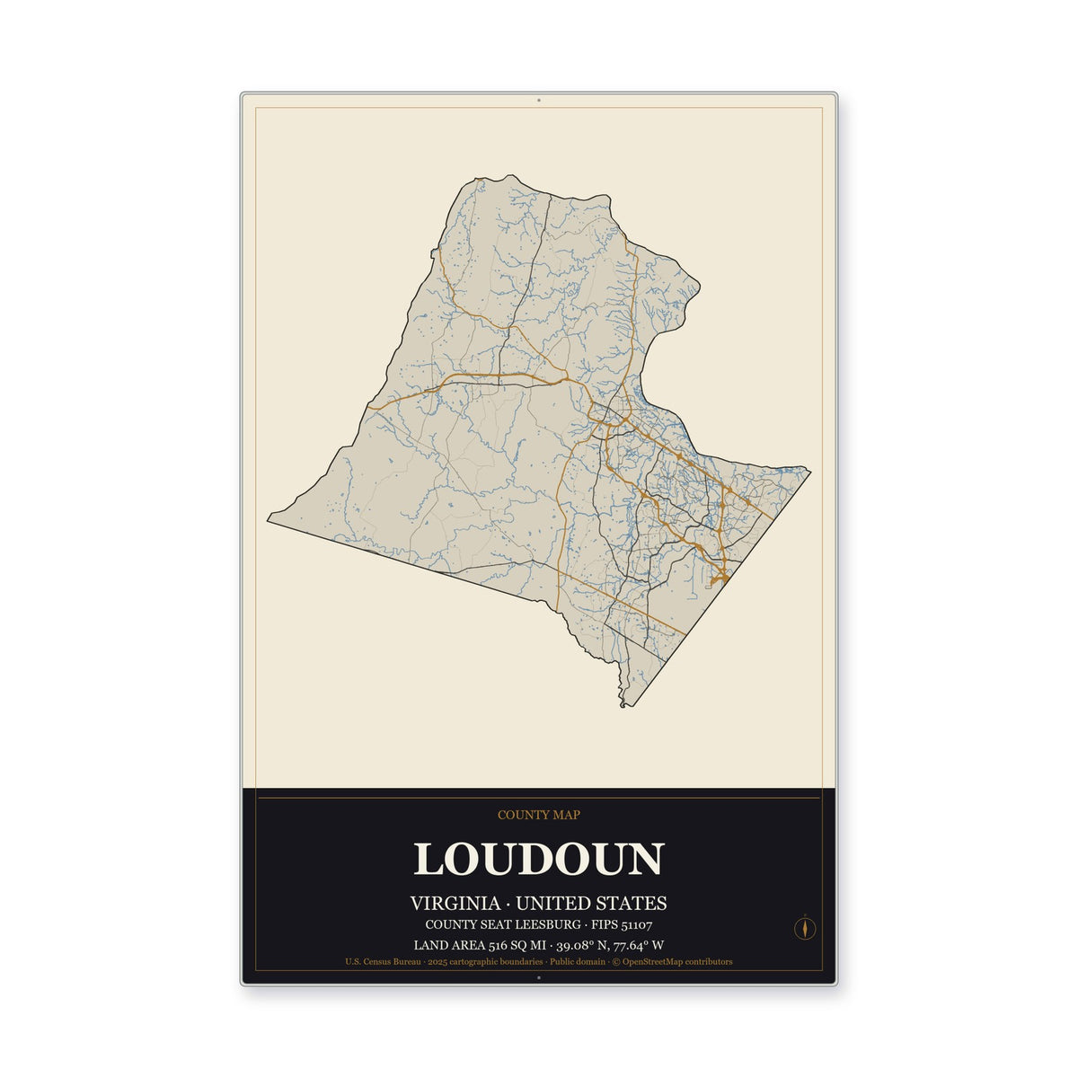 Loudoun County, Virginia Map Aluminum Sign in Museum Plaque style