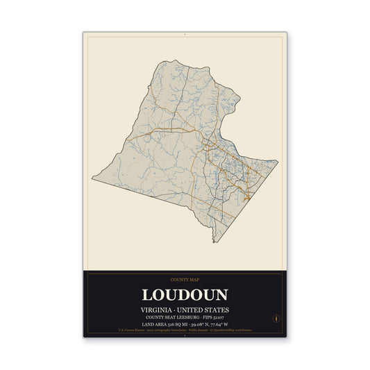 Loudoun County, Virginia Map Aluminum Sign in Museum Plaque style