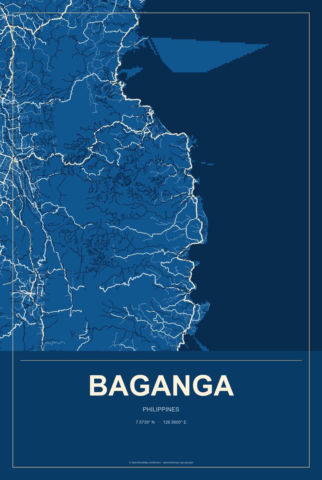 Baganga, Philippines City Map Aluminum Sign in Harbor Cobalt style