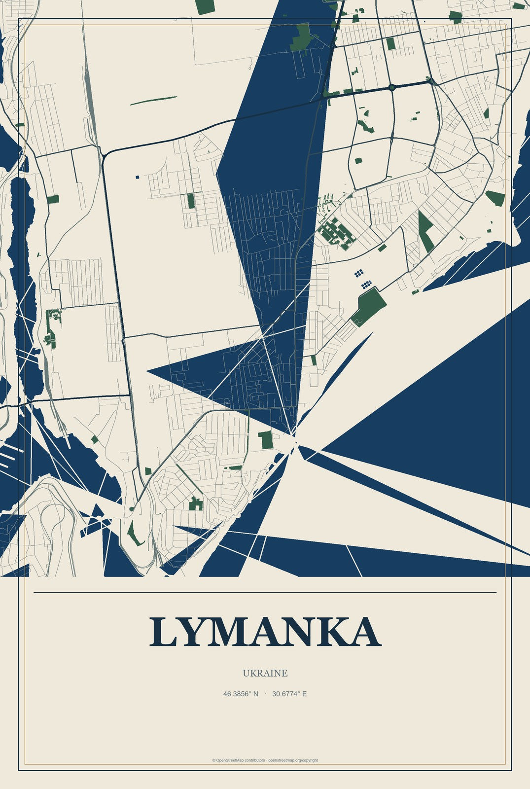 Lymanka, Ukraine City Map Aluminum Sign in Coastal Cutout style