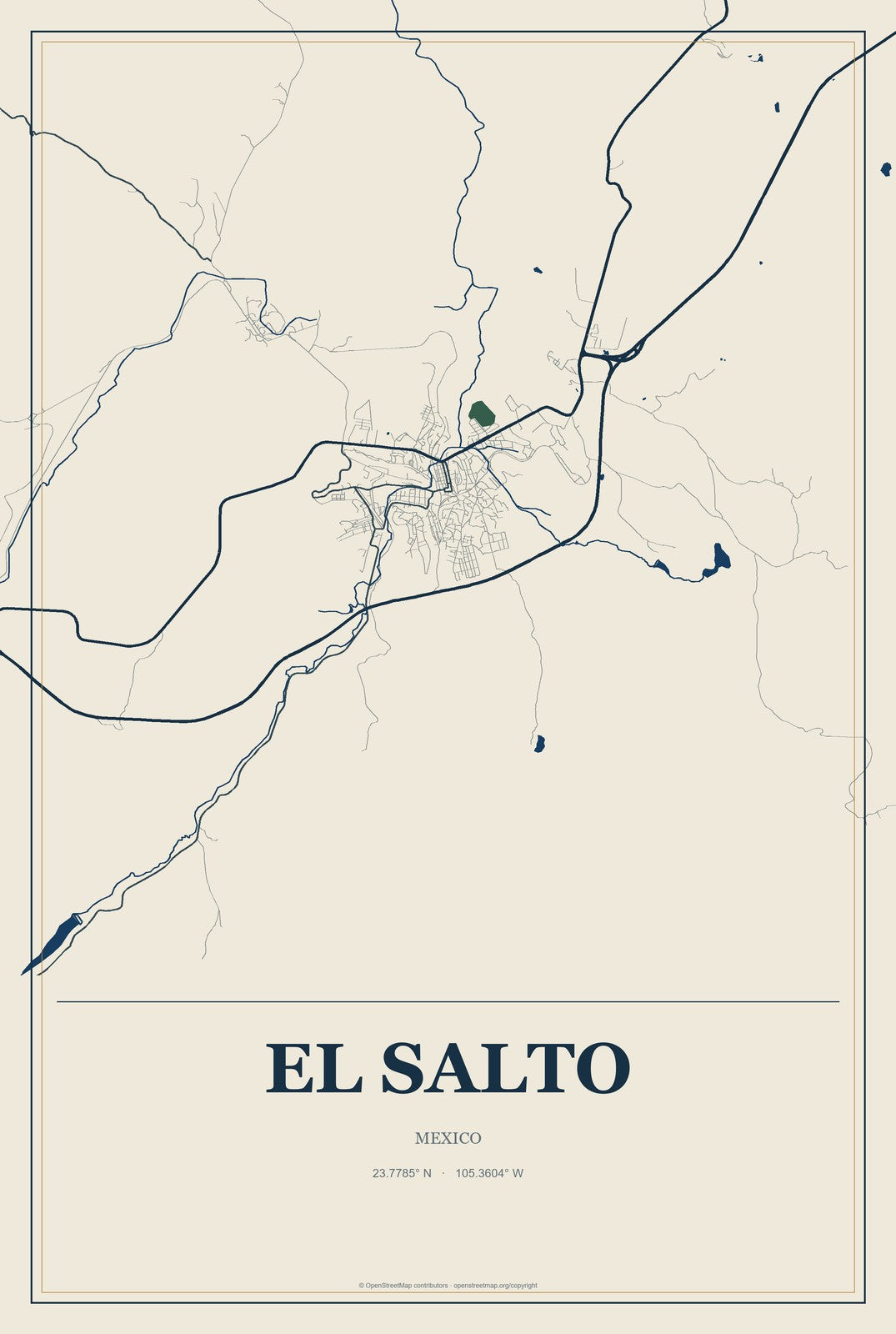 El Salto, Durango, Mexico City Map Aluminum Sign in Coastal Cutout style