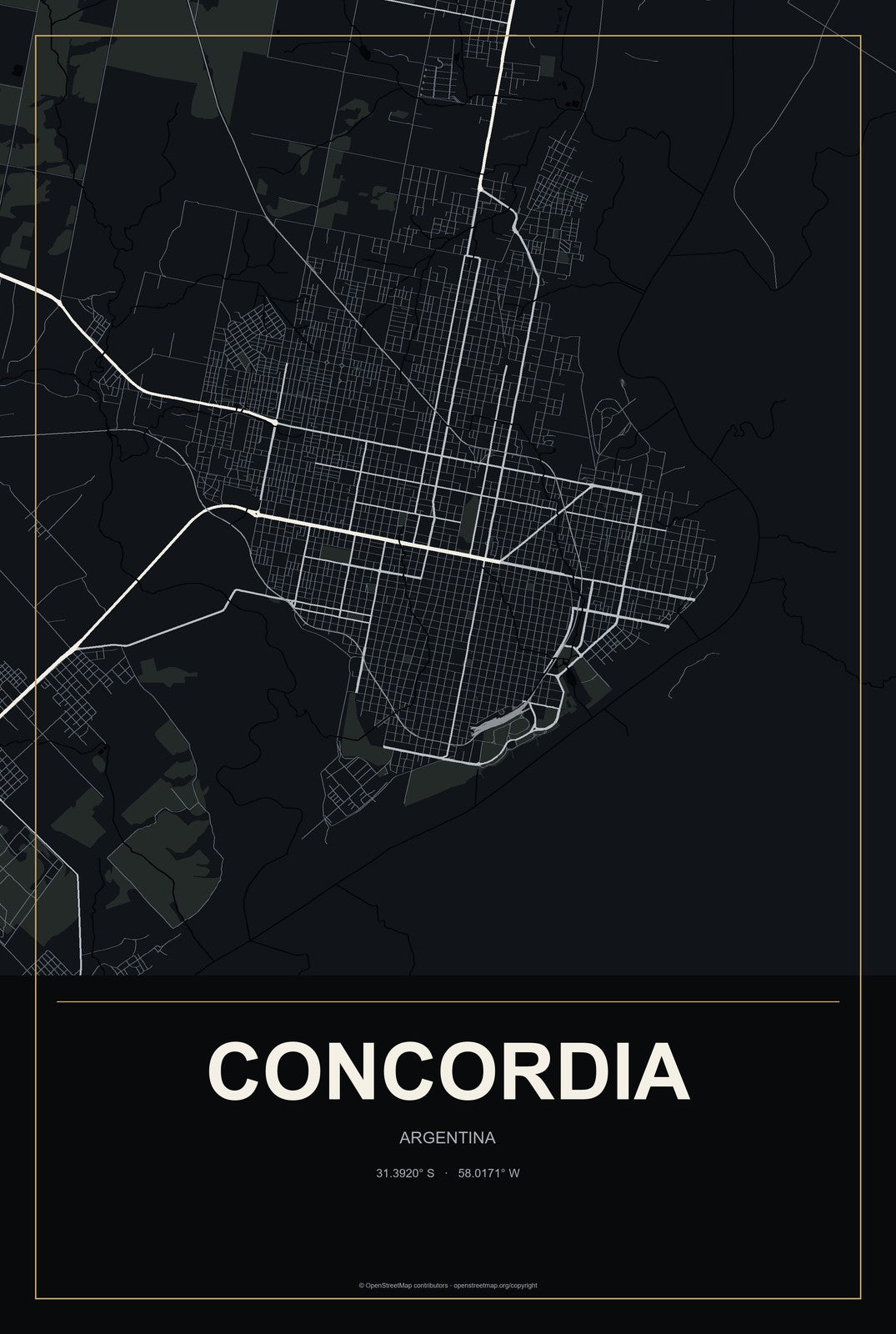 Concordia, Argentina City Map Aluminum Sign in Metropolitan Noir style
