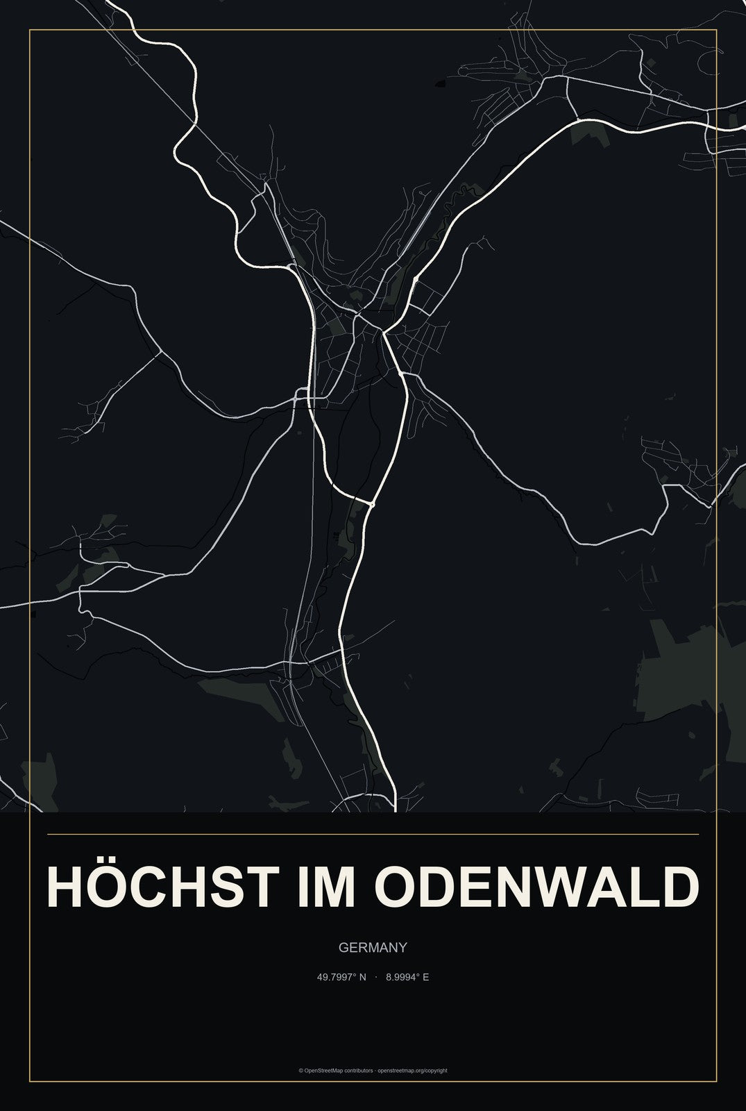 Höchst im Odenwald, Germany City Map Aluminum Sign in Metropolitan Noir style