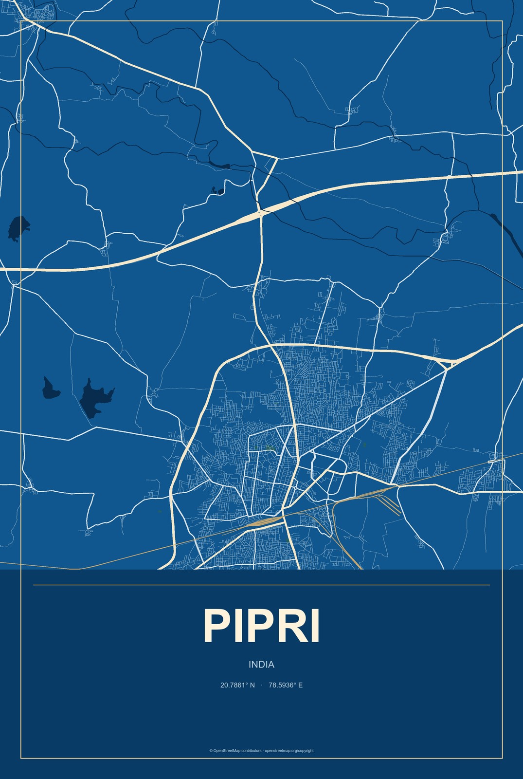 Pipri, India City Map Aluminum Sign in Harbor Cobalt style