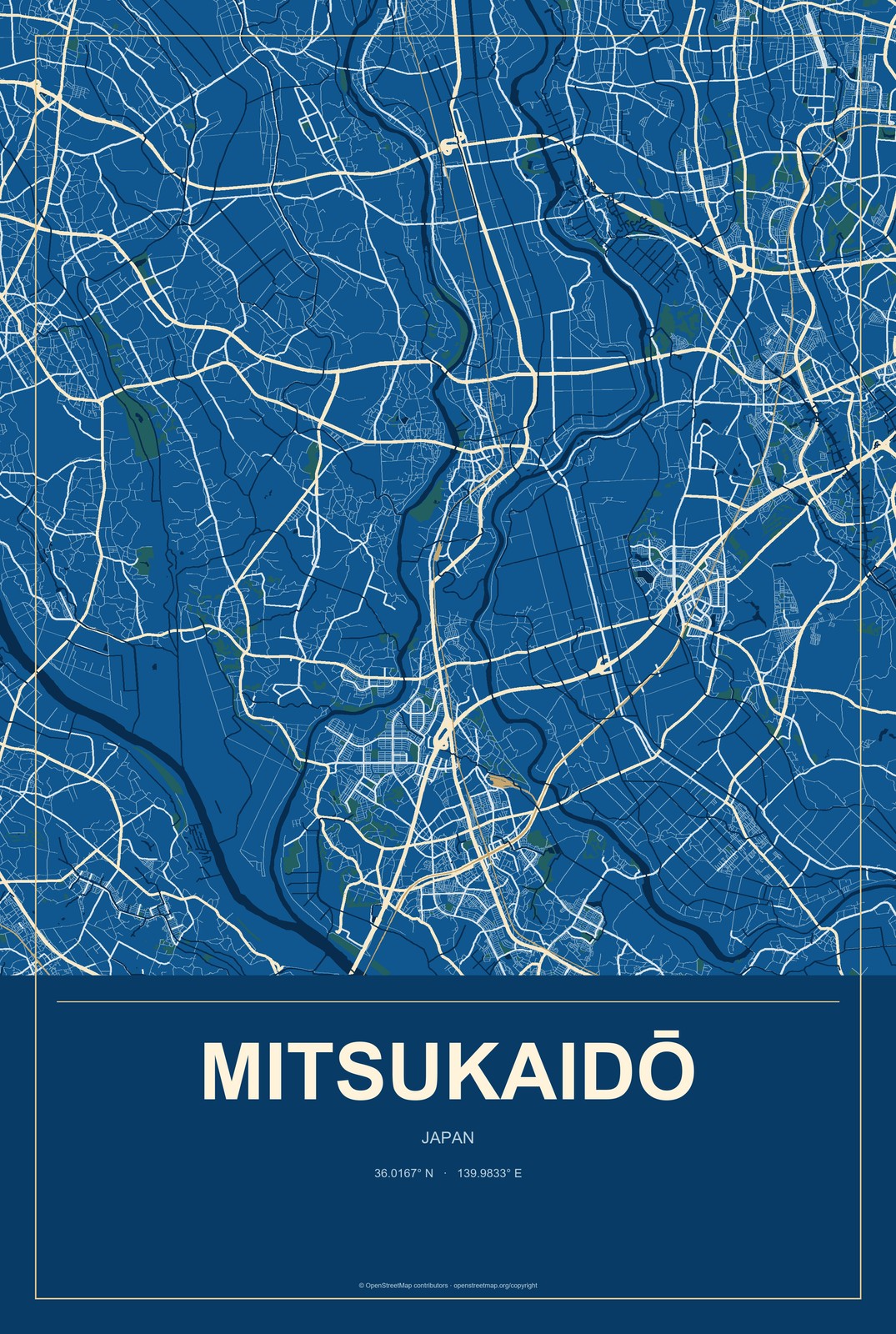 Mitsukaidō, Japan City Map Aluminum Sign in Harbor Cobalt style
