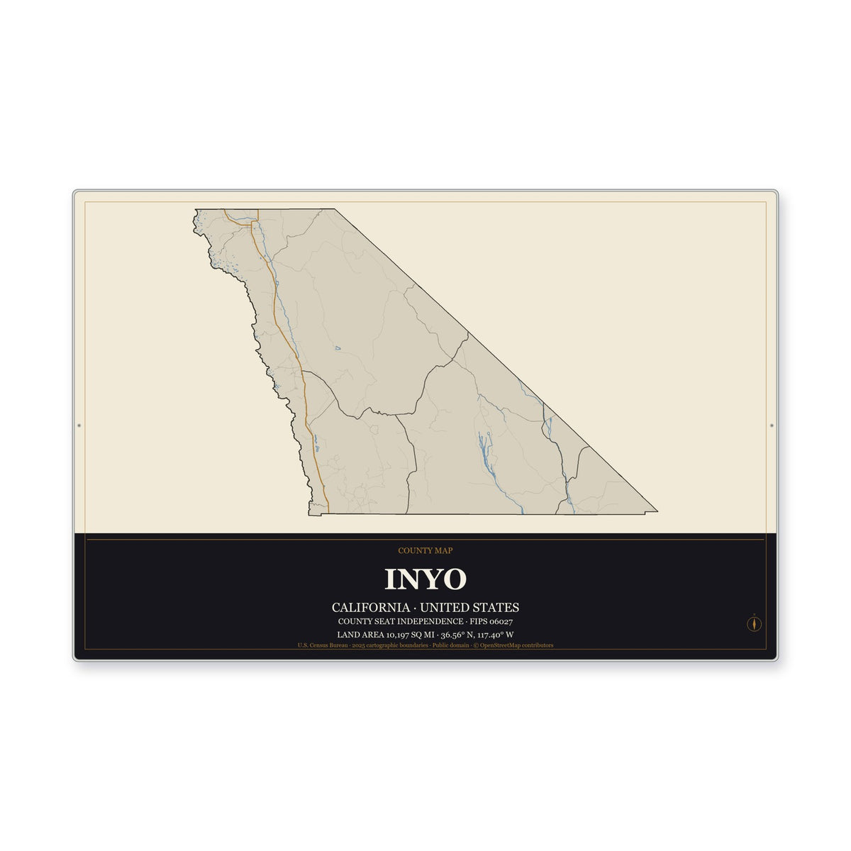 Inyo County, California Map Aluminum Sign in Museum Plaque style