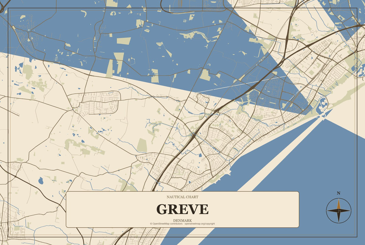 Greve, Denmark City Map Aluminum Sign in Heritage Nautical style