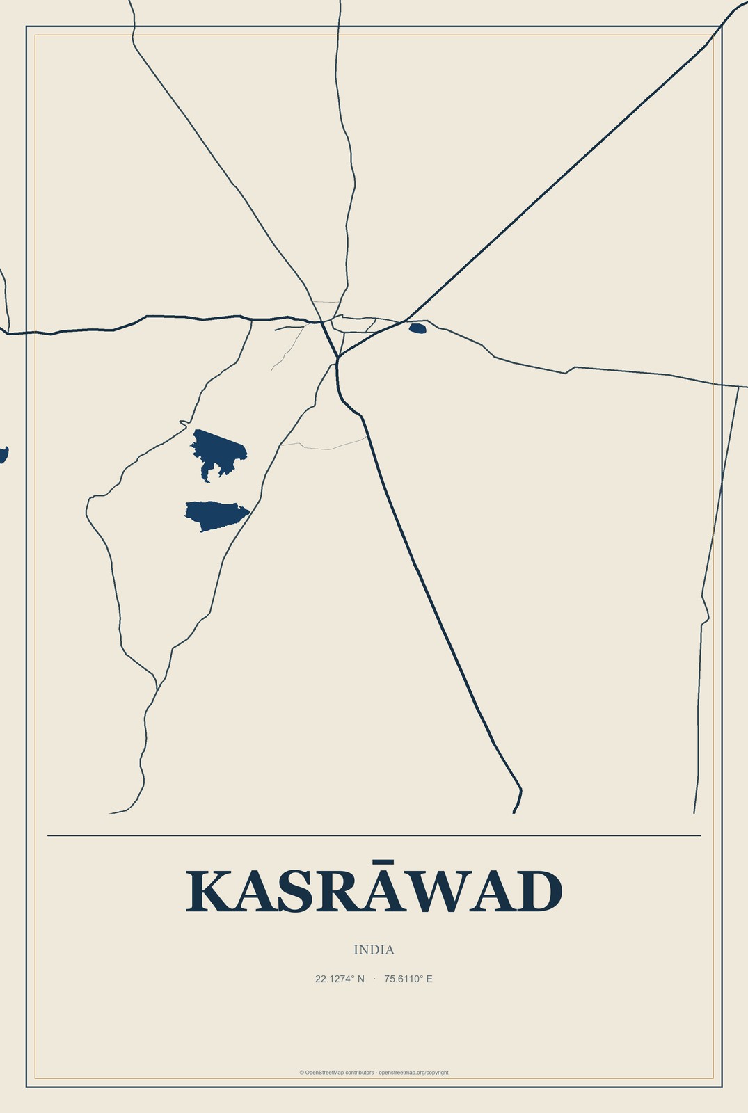 Kasrāwad, India City Map Aluminum Sign in Coastal Cutout style