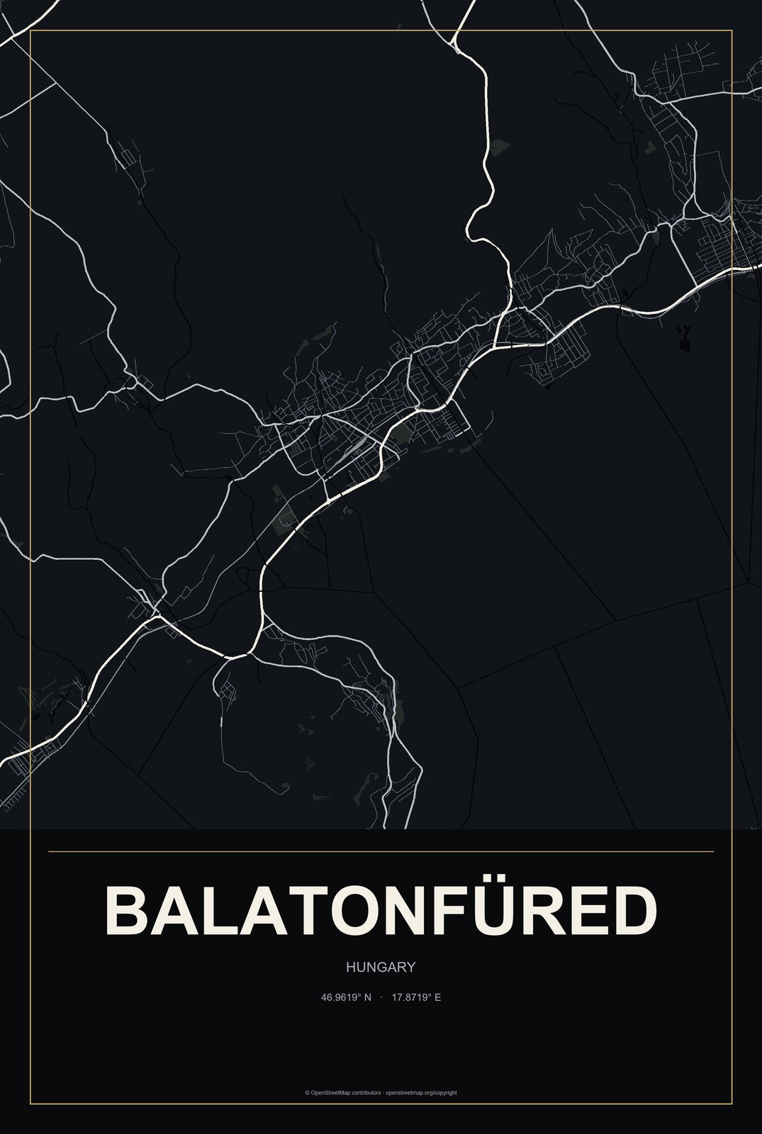 Balatonfüred, Hungary City Map Aluminum Sign in Metropolitan Noir style