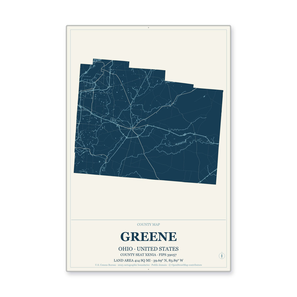 Greene County, Ohio Map Aluminum Sign in Coastal Cutout style