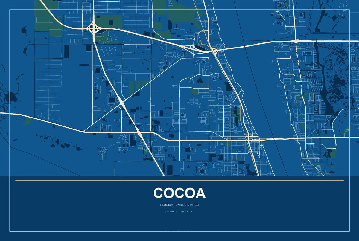 Cocoa, Florida City Map Aluminum Sign in Harbor Cobalt style