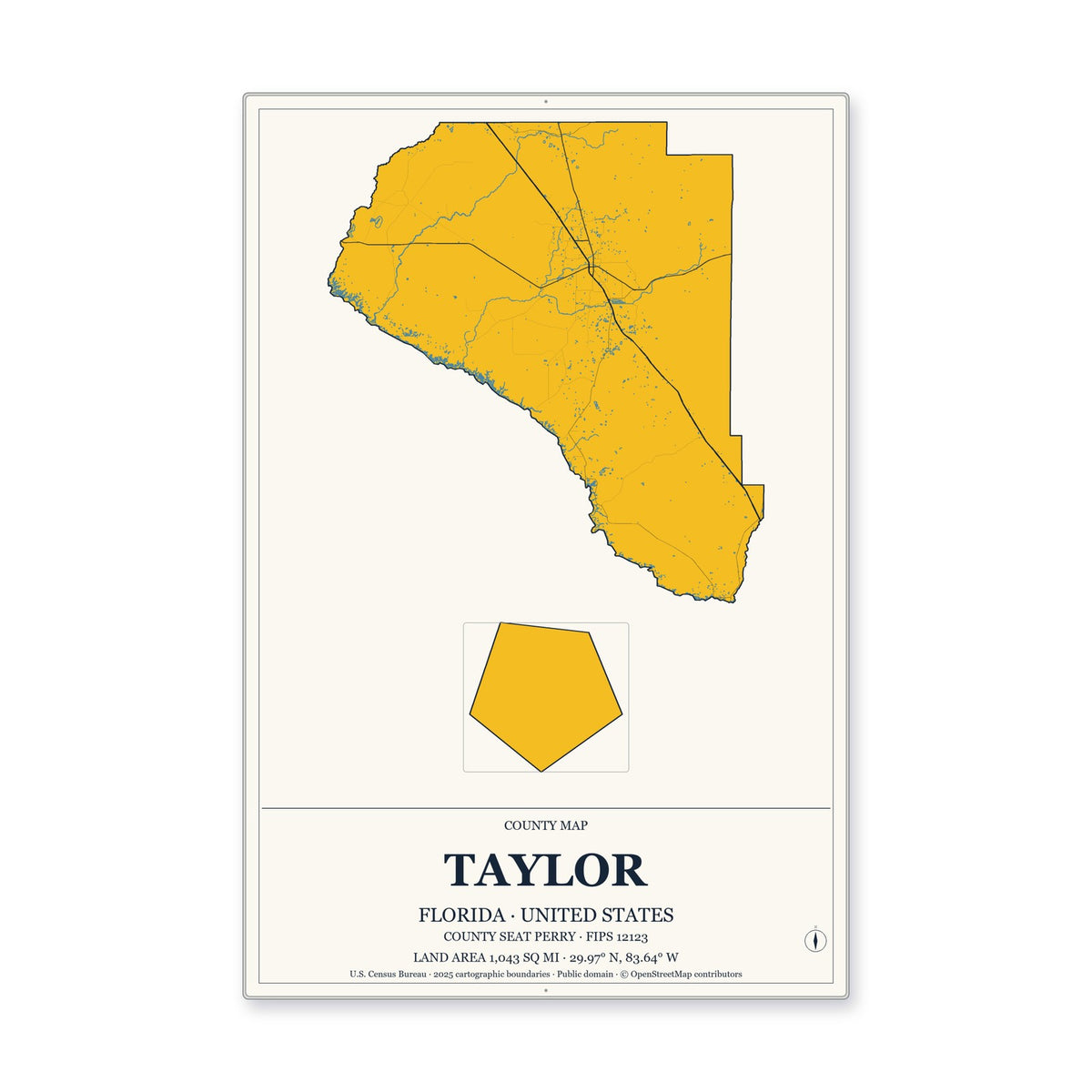 Taylor County, Florida Map Aluminum Sign in Citrine Modern style