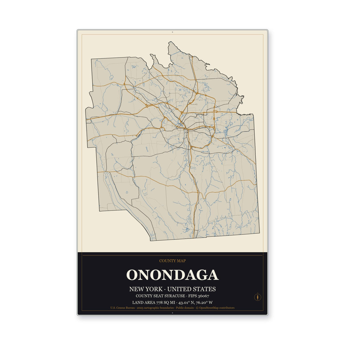 Onondaga County, New York Map Aluminum Sign in Museum Plaque style