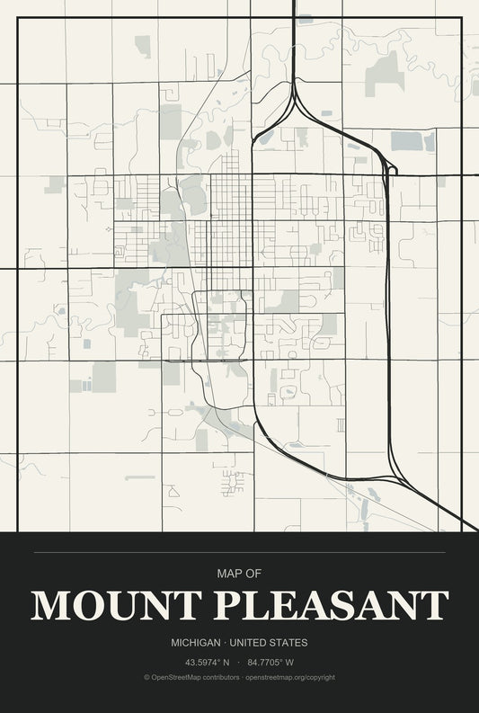 Mount Pleasant, Michigan City Map Aluminum Sign in Museum Plaque style