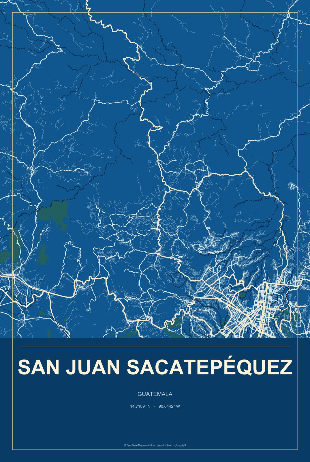 San Juan Sacatepéquez, Guatemala City Map Aluminum Sign in Harbor Cobalt style