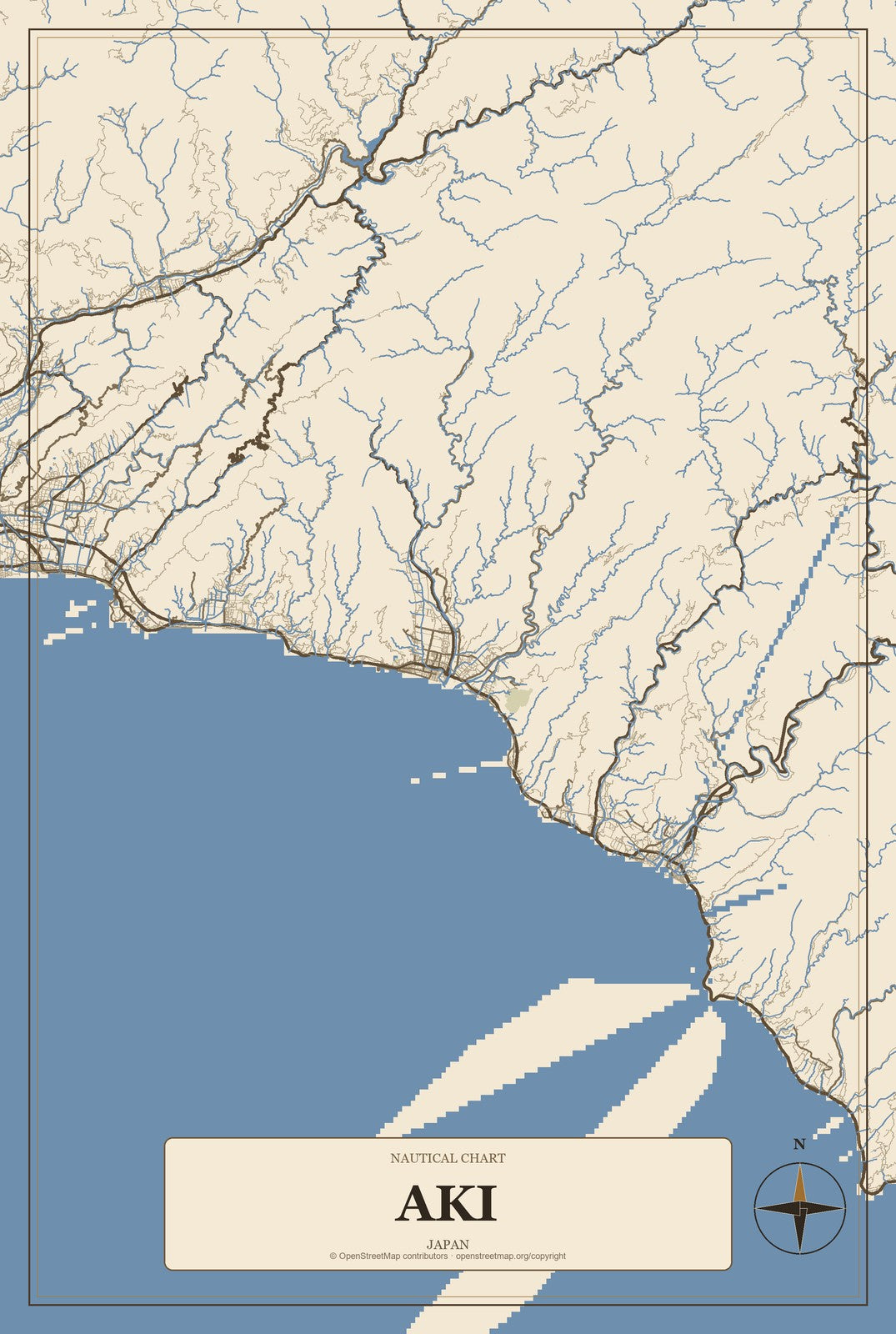 Aki, Japan City Map Aluminum Sign in Heritage Nautical style