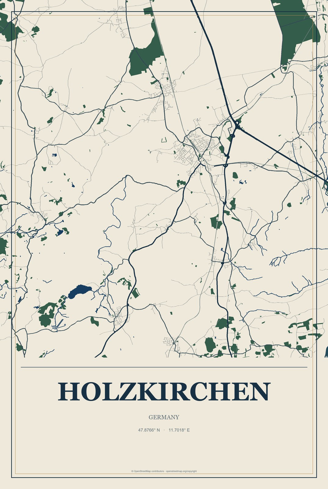 Holzkirchen, Germany City Map Aluminum Sign in Coastal Cutout style