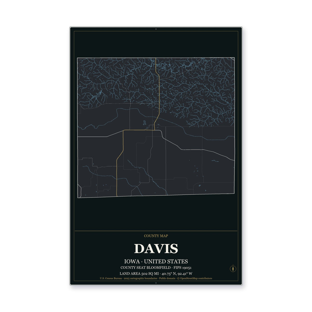Davis County, Iowa Map Aluminum Sign in Metropolitan Noir style