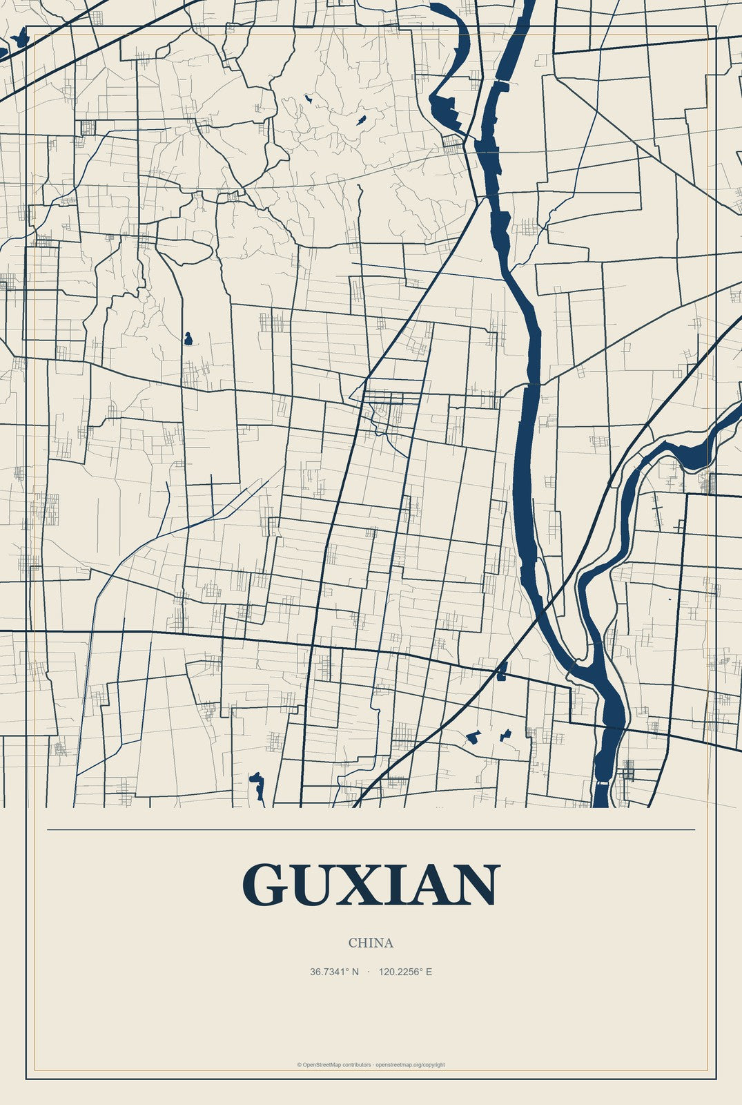 Guxian, China City Map Aluminum Sign in Coastal Cutout style
