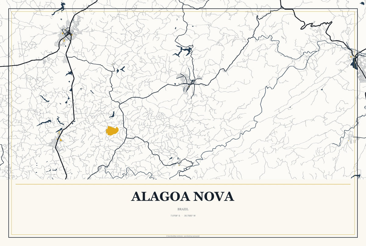 Alagoa Nova, Brazil City Map Aluminum Sign in Citrine Modern style