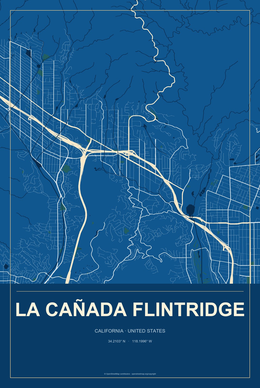 La Cañada Flintridge, California City Map Aluminum Sign in Harbor Cobalt style