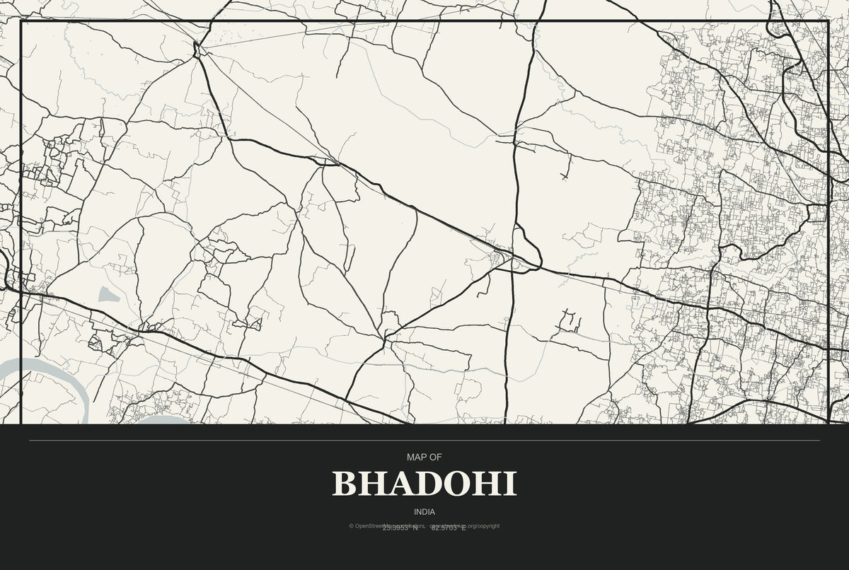Bhadohi, India City Map Aluminum Sign in Museum Plaque style