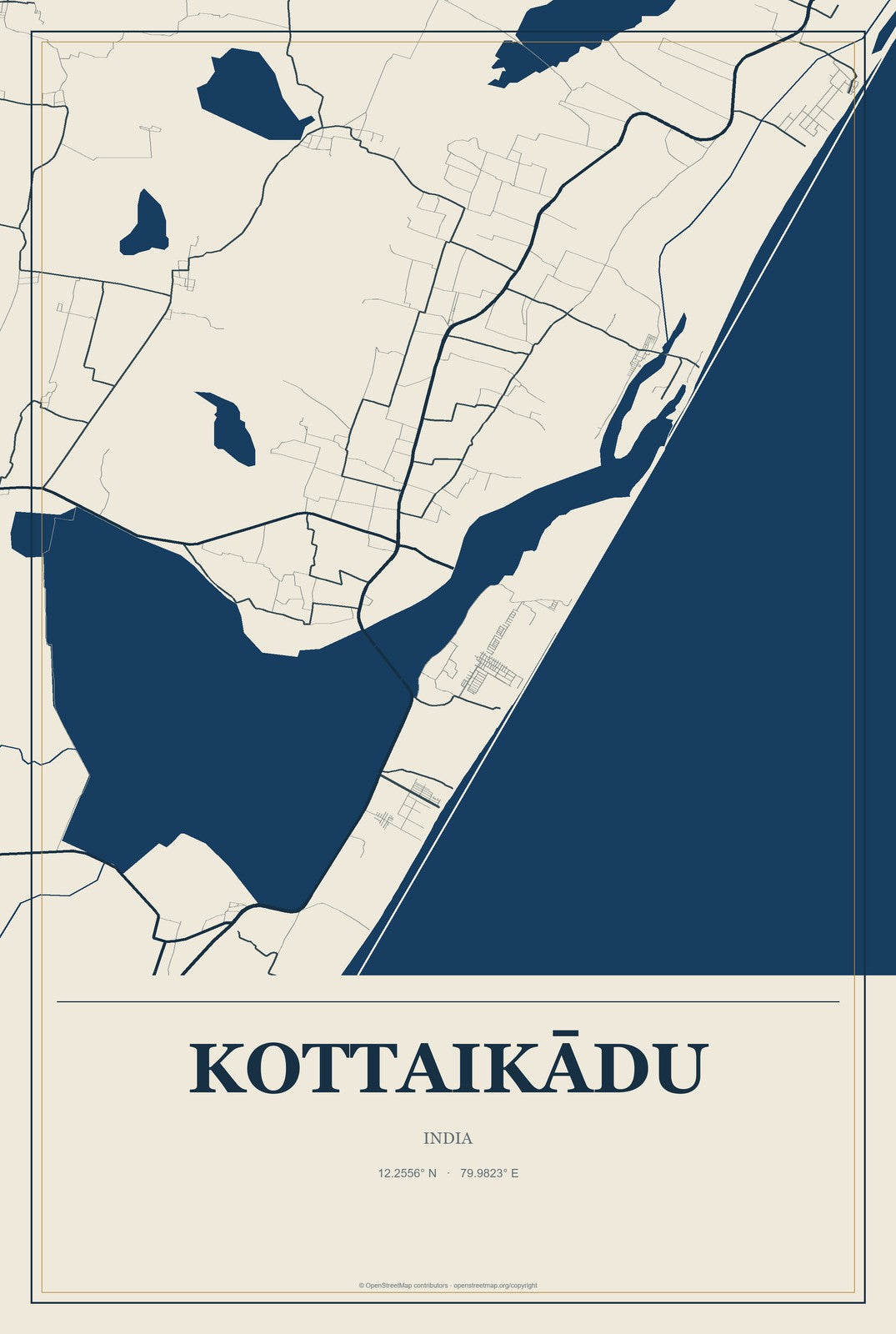 Kottaikādu, India City Map Aluminum Sign in Coastal Cutout style