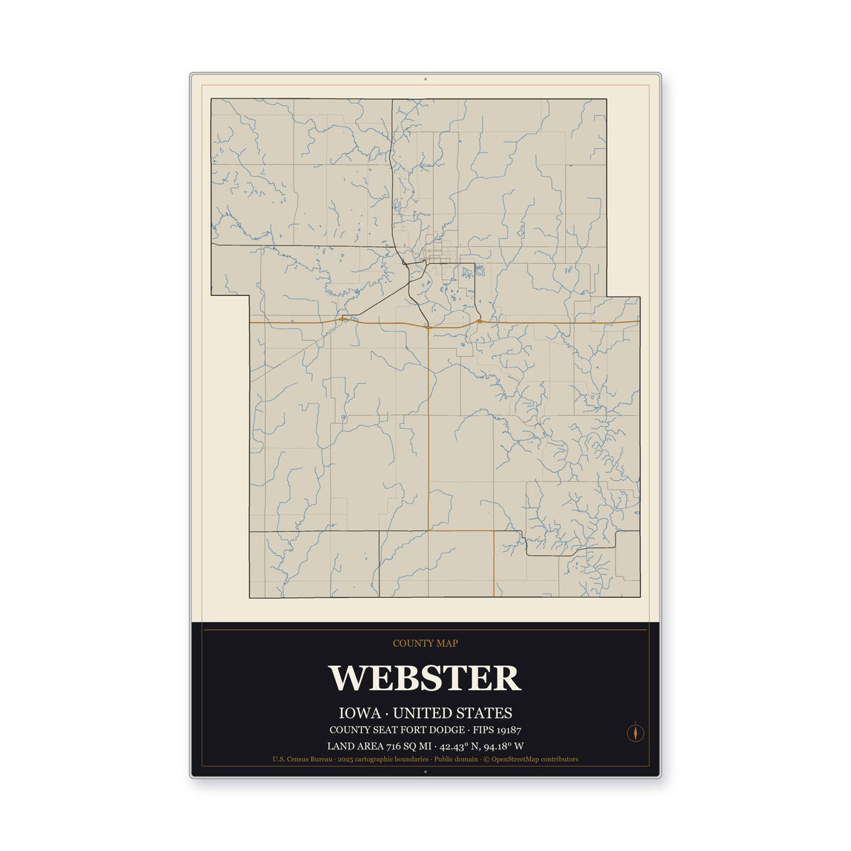 Webster County, Iowa Map Aluminum Sign in Museum Plaque style