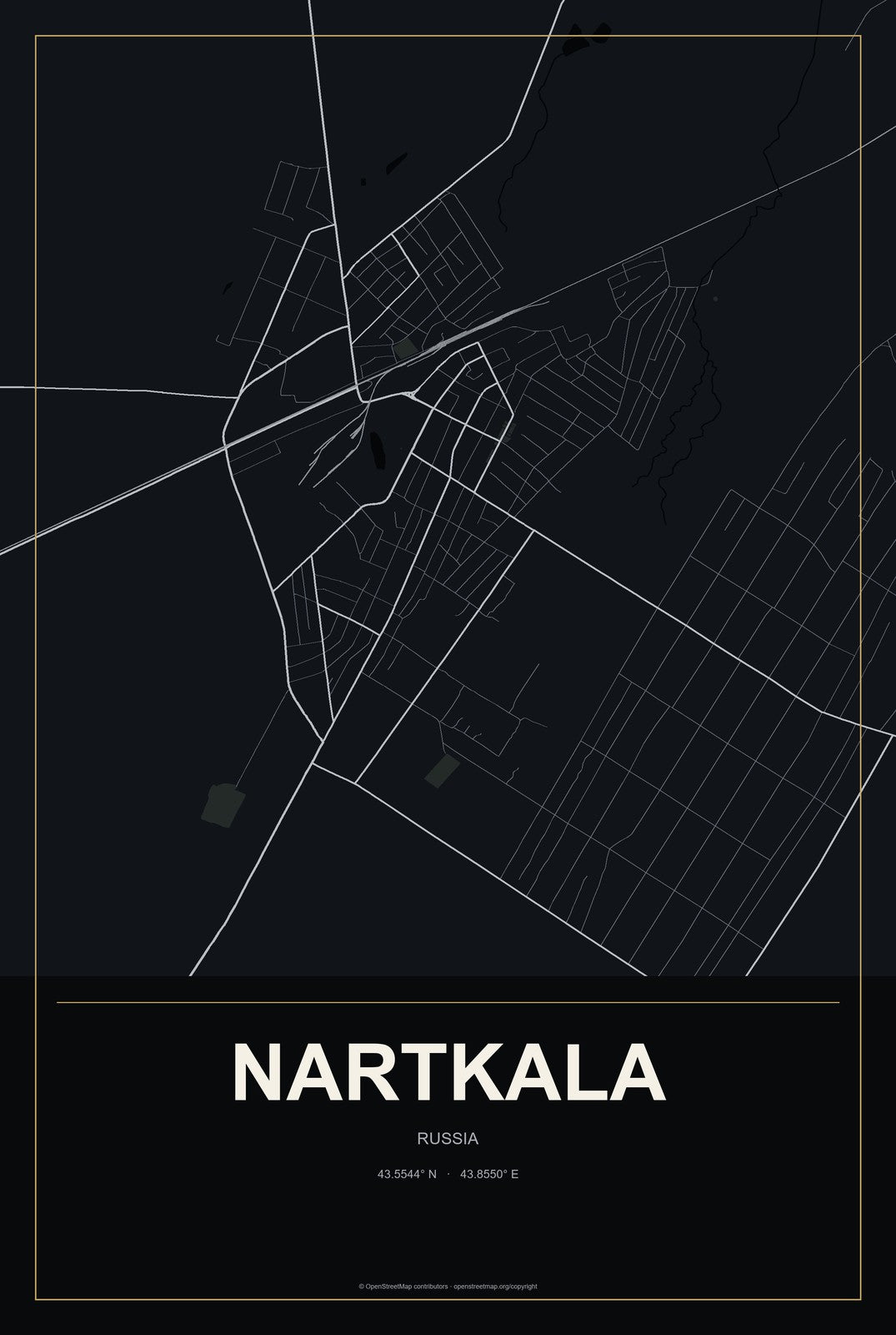 Nartkala, Russia City Map Aluminum Sign in Metropolitan Noir style