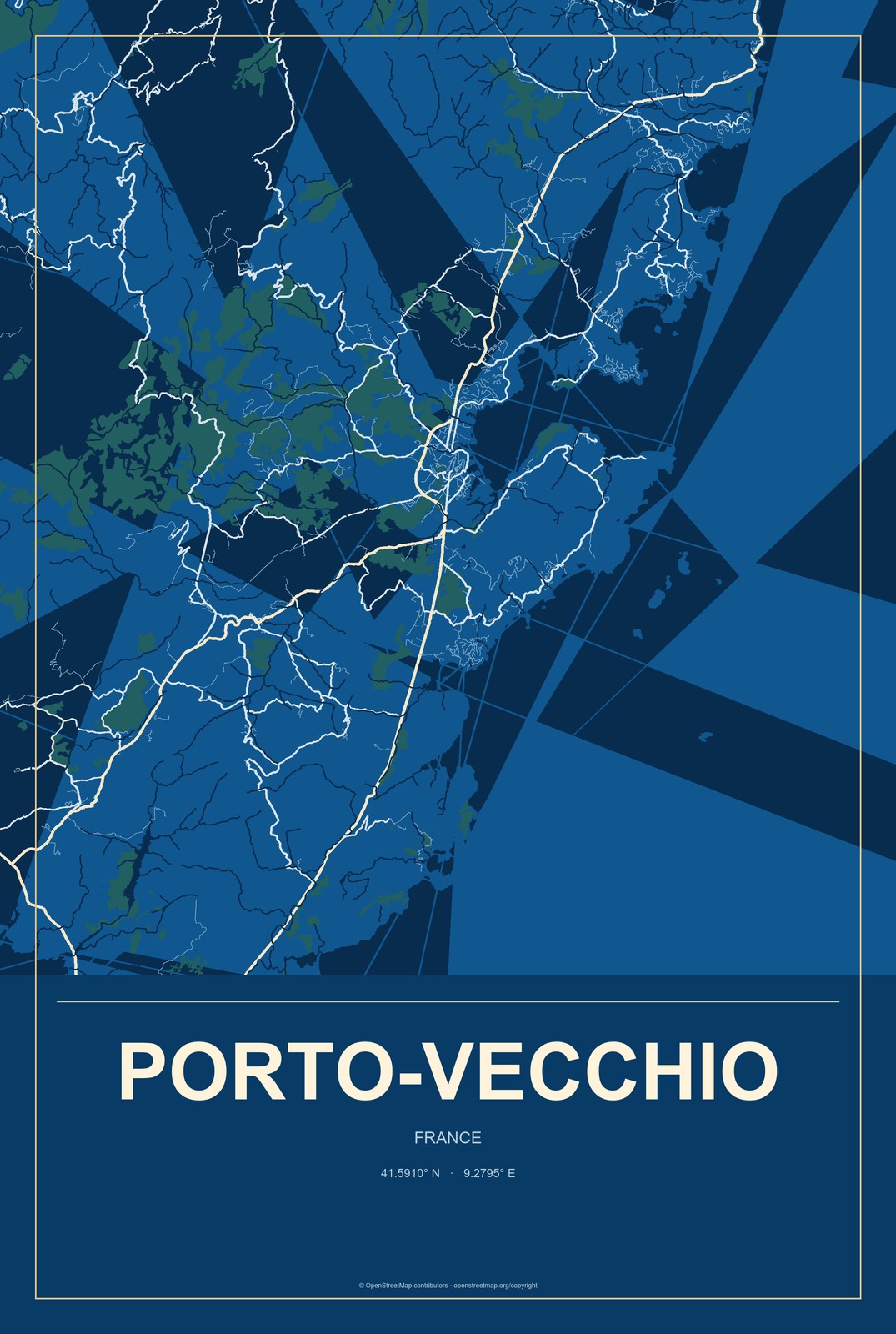 Porto-Vecchio, France City Map Aluminum Sign in Harbor Cobalt style