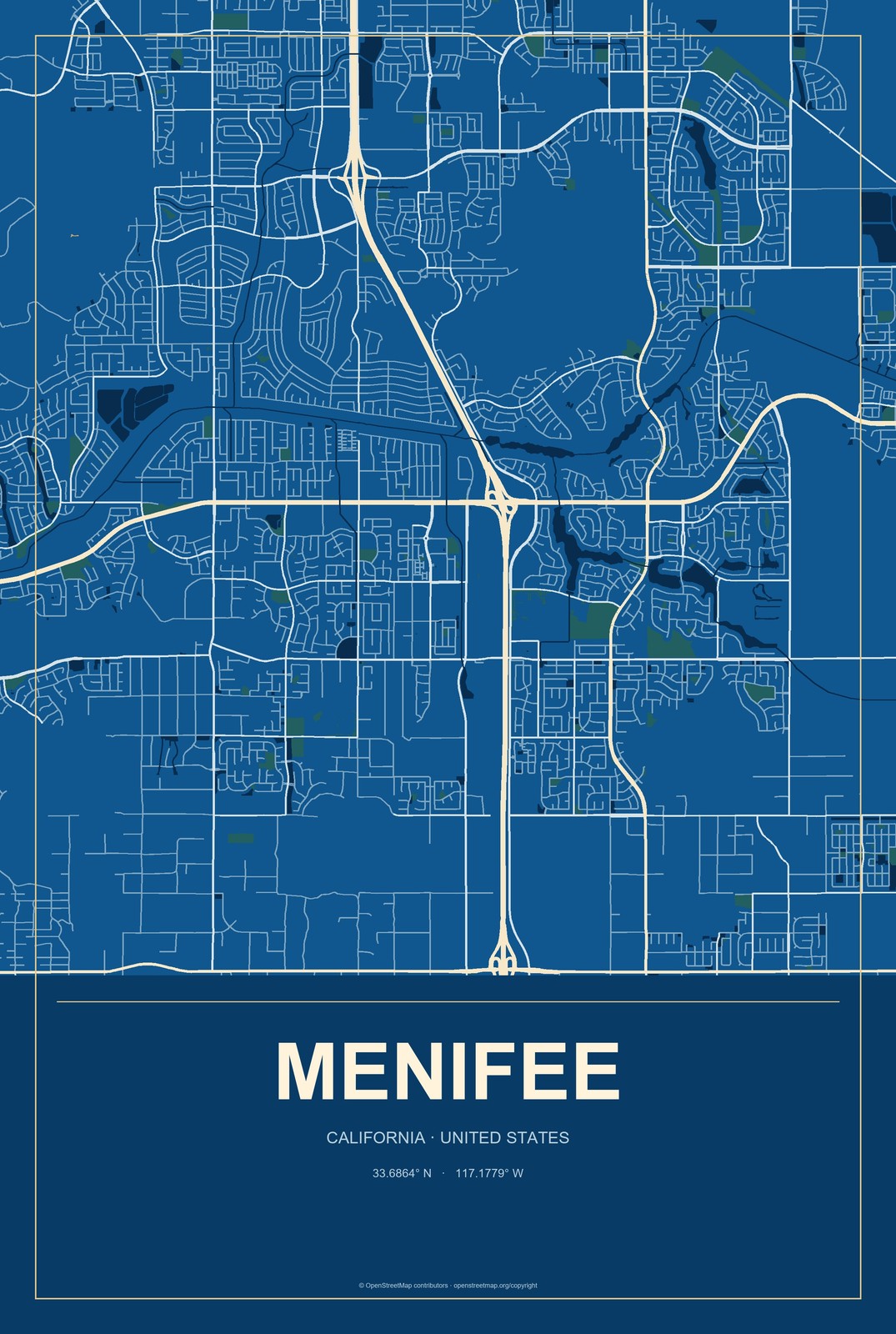 Menifee, California City Map Aluminum Sign in Harbor Cobalt style