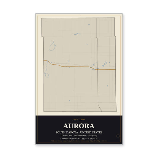 Aurora County, South Dakota Map Aluminum Sign in Museum Plaque style