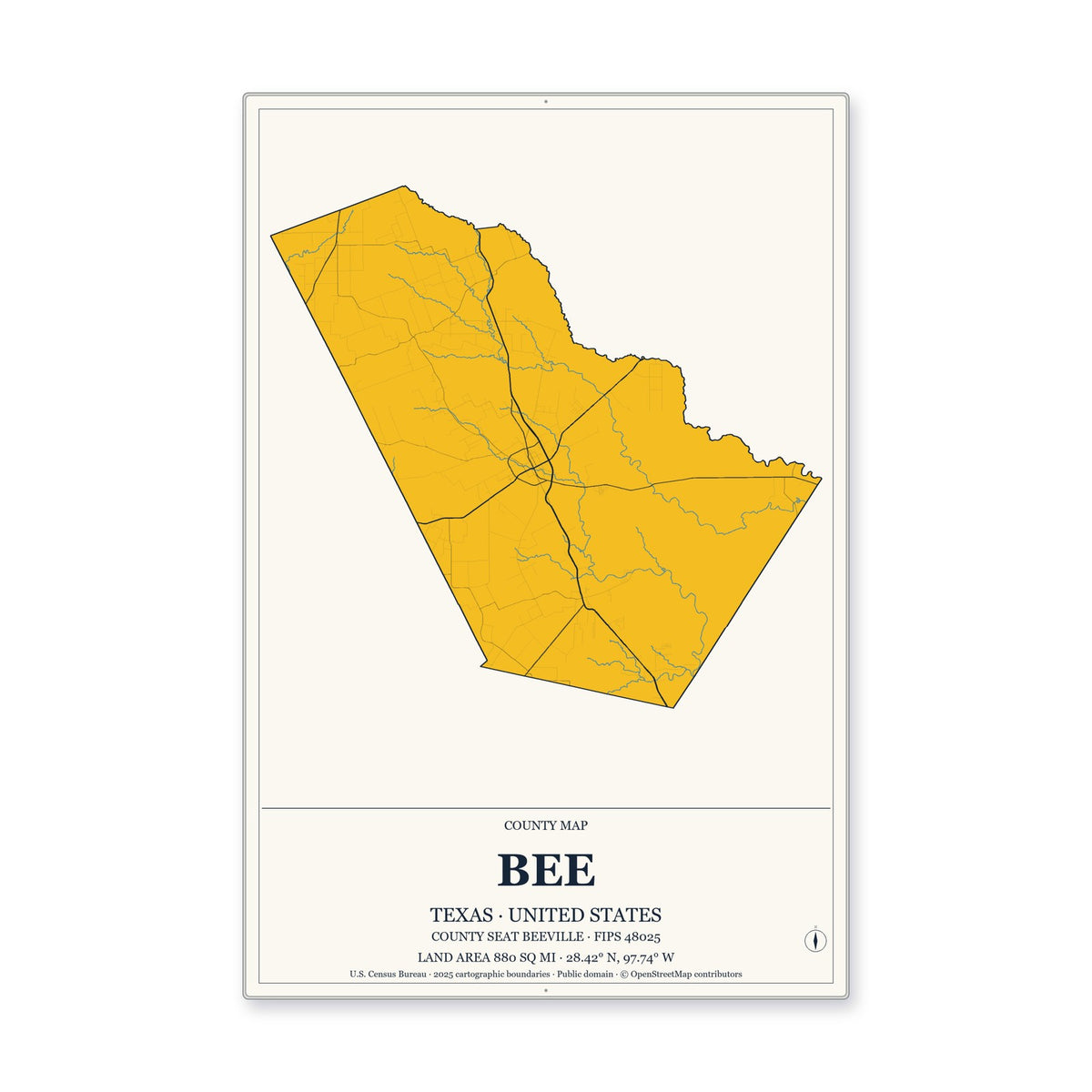 Bee County, Texas Map Aluminum Sign in Citrine Modern style