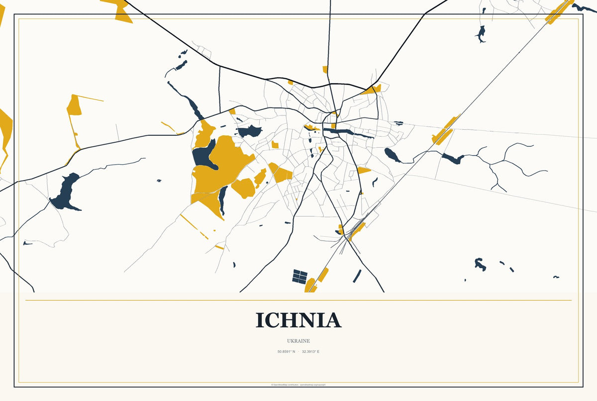 Ichnia, Ukraine City Map Aluminum Sign in Citrine Modern style