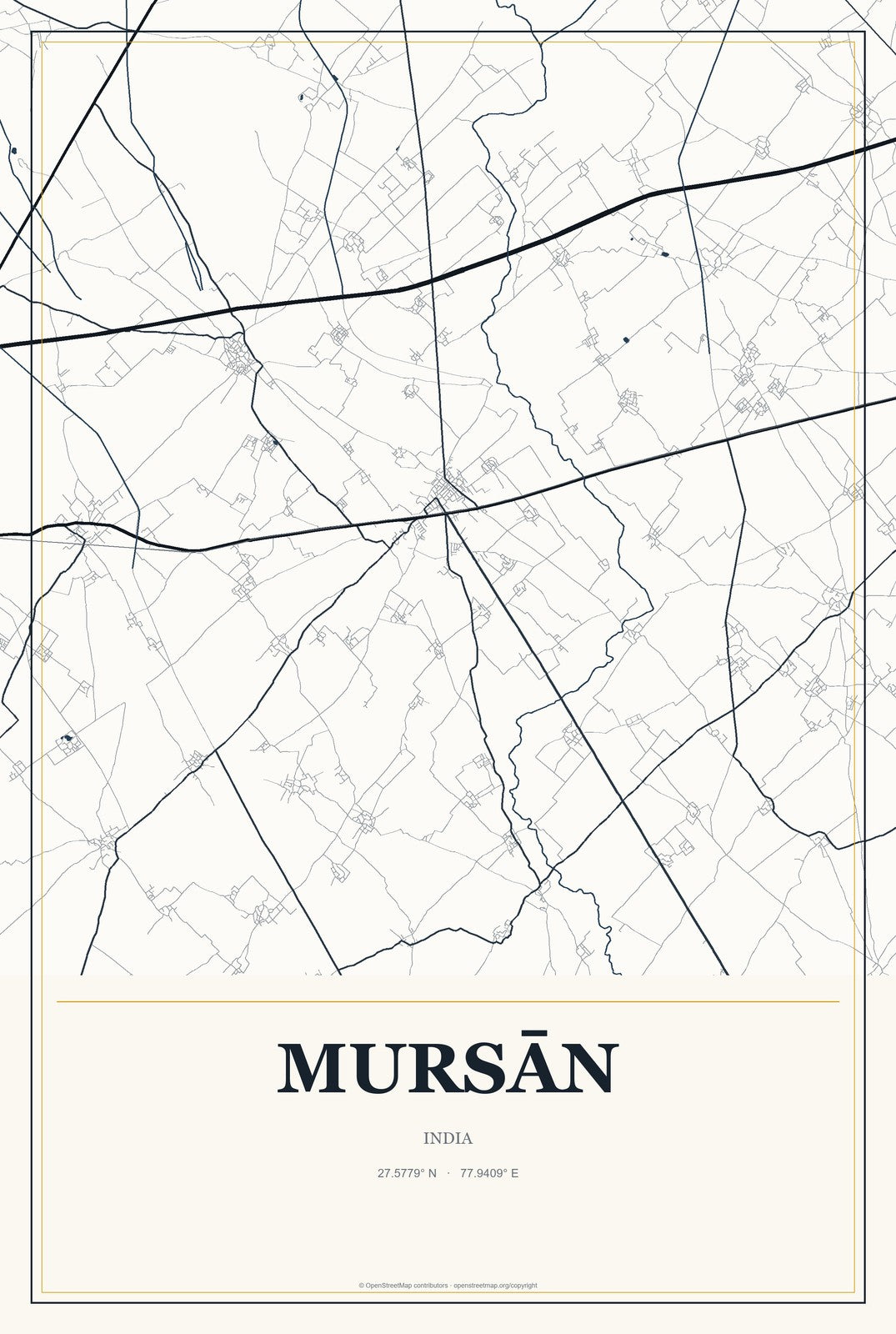 Mursān, India City Map Aluminum Sign in Citrine Modern style