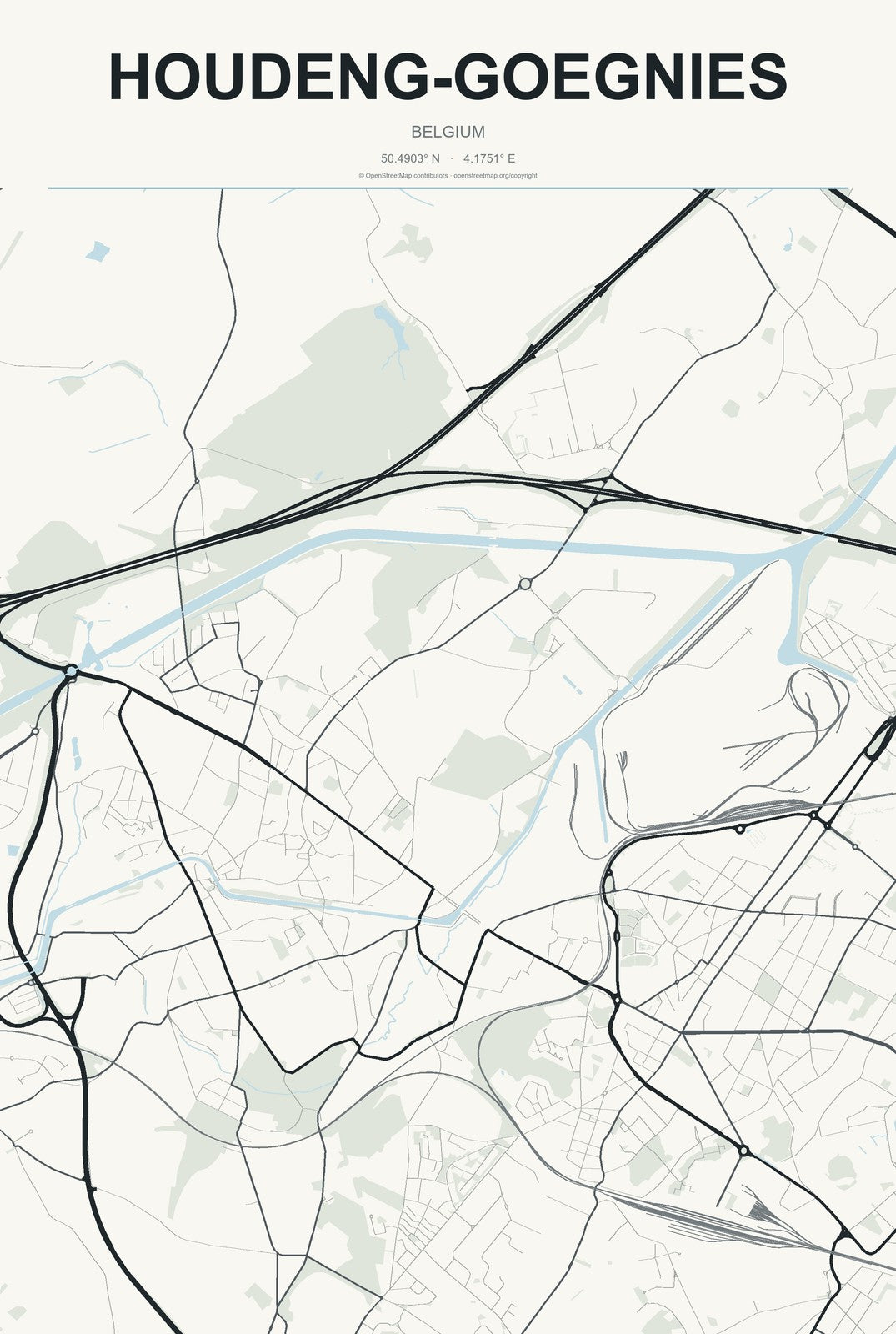 Houdeng-Goegnies, Belgium City Map Aluminum Sign in Headline Atlas style