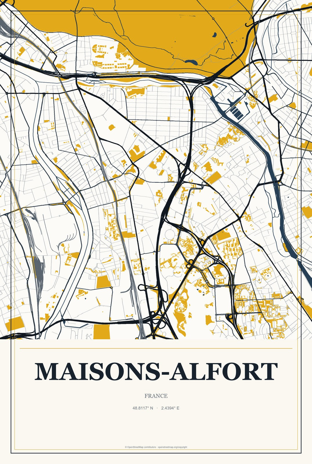 Maisons-Alfort, France City Map Aluminum Sign in Citrine Modern style