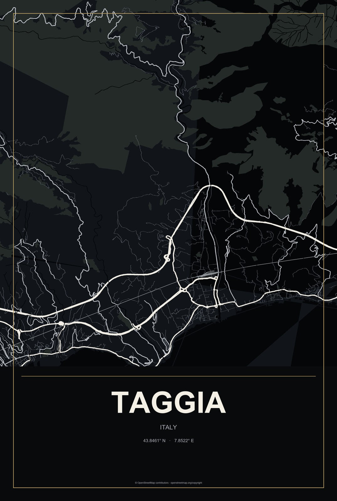 Taggia, Italy City Map Aluminum Sign in Metropolitan Noir style